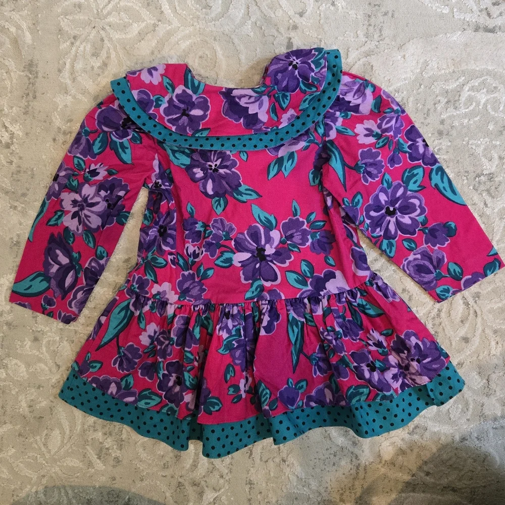 Vintage 1990s Ruffle Long Sleeve Floral Pink Teal Purple Dress